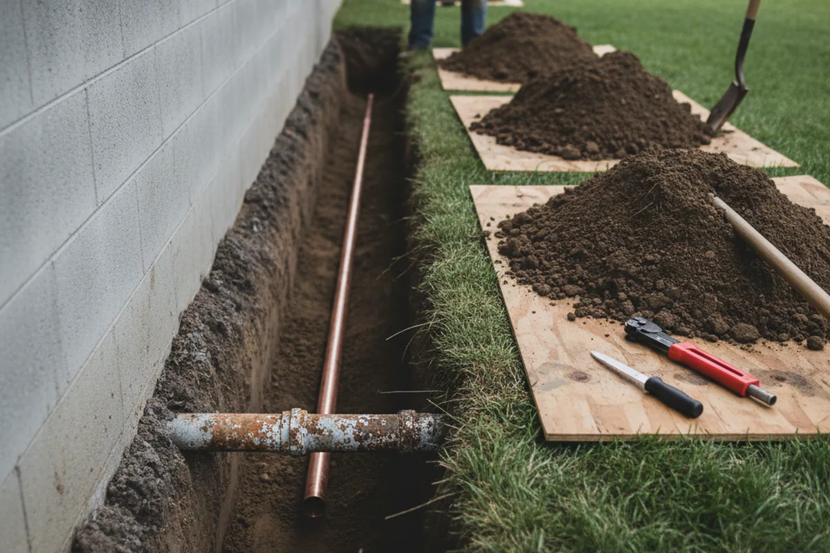 Excavated water line trench during Water Softener Installation in Demarest